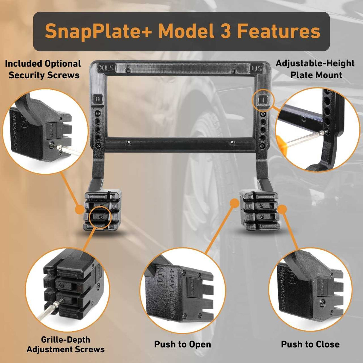 EveryAmp Tesla Model 3 SnapPlate Front License Plate Holder features security screws, an adjustable-height mount, push-to-open/close mechanism, and grille-depth adjustment—engineered for bumper camera compatibility.