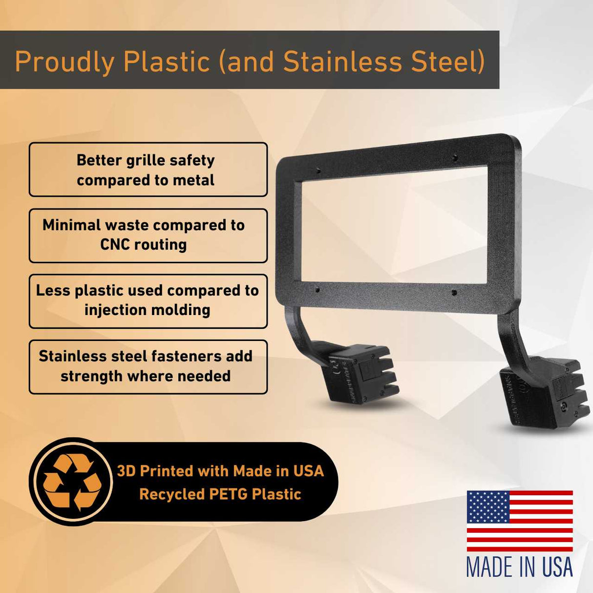 The EveryAmp Tesla Model 3 SnapPlate Front License Plate Holder, made of black plastic and stainless steel with U.S. recycled PETG, is shown with text on safety, reduced waste, material efficiency, and a Made in USA flag.