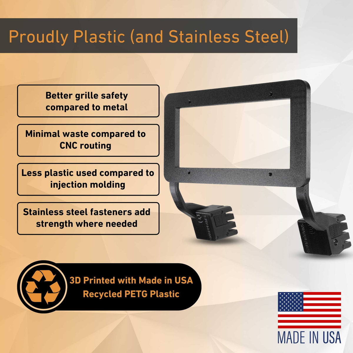 The EveryAmp Tesla Model 3 SnapPlate Front License Plate Holder, made of black plastic and stainless steel with U.S. recycled PETG, is shown with text on safety, reduced waste, material efficiency, and a Made in USA flag.