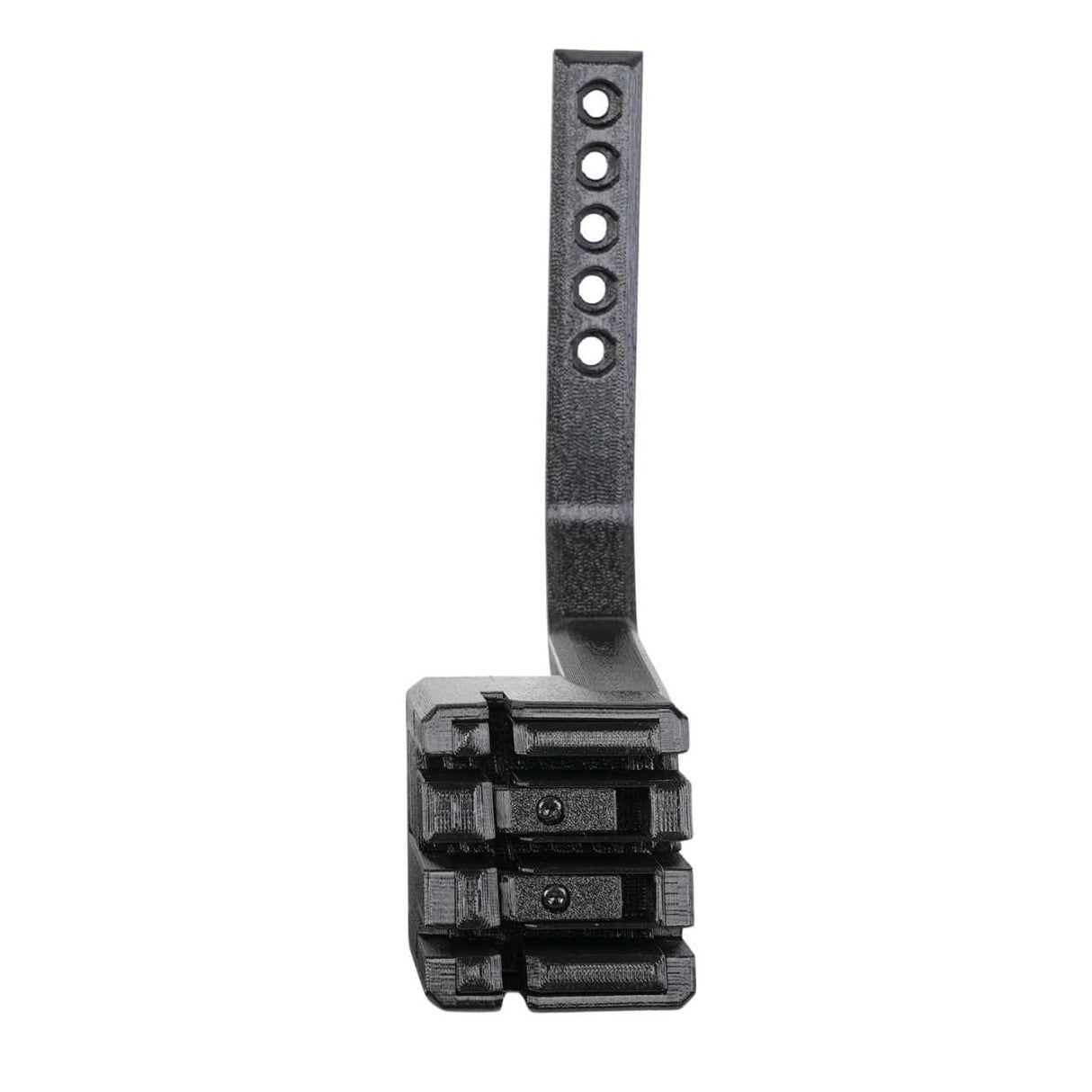 The EveryAmp SnapPlate+ Base for Tesla Model 3 Performance (2026+) is a black, L-shaped plastic bracket with six vertical holes and a grooved base—ideal for bumper camera mounting or use with SnapPlate+.