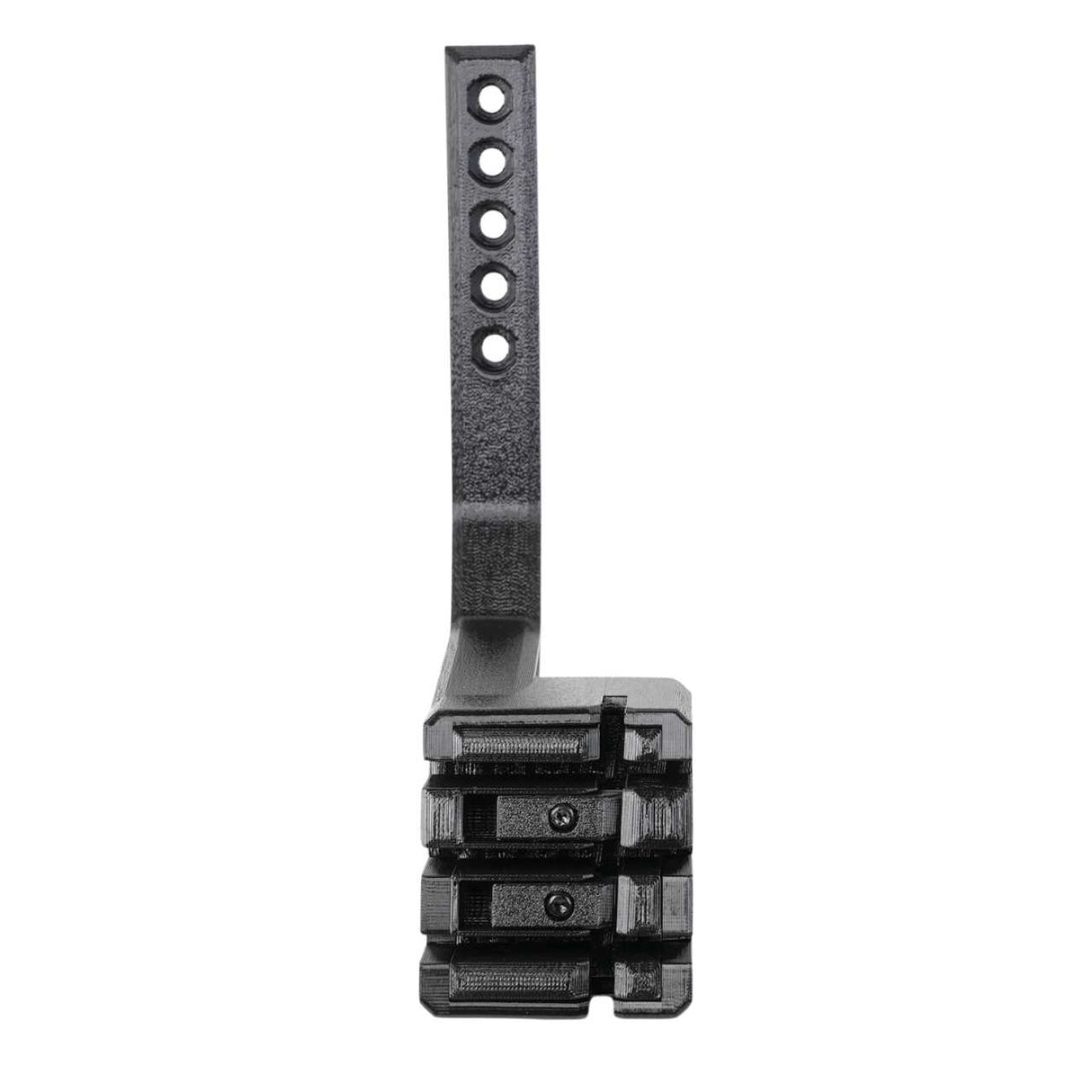 The SnapPlate+ Base by EveryAmp for Tesla Model 3 Performance (2026+) is a black, L-shaped plastic bracket with multiple holes and two stacked rectangular base sections, shown on a plain white background.