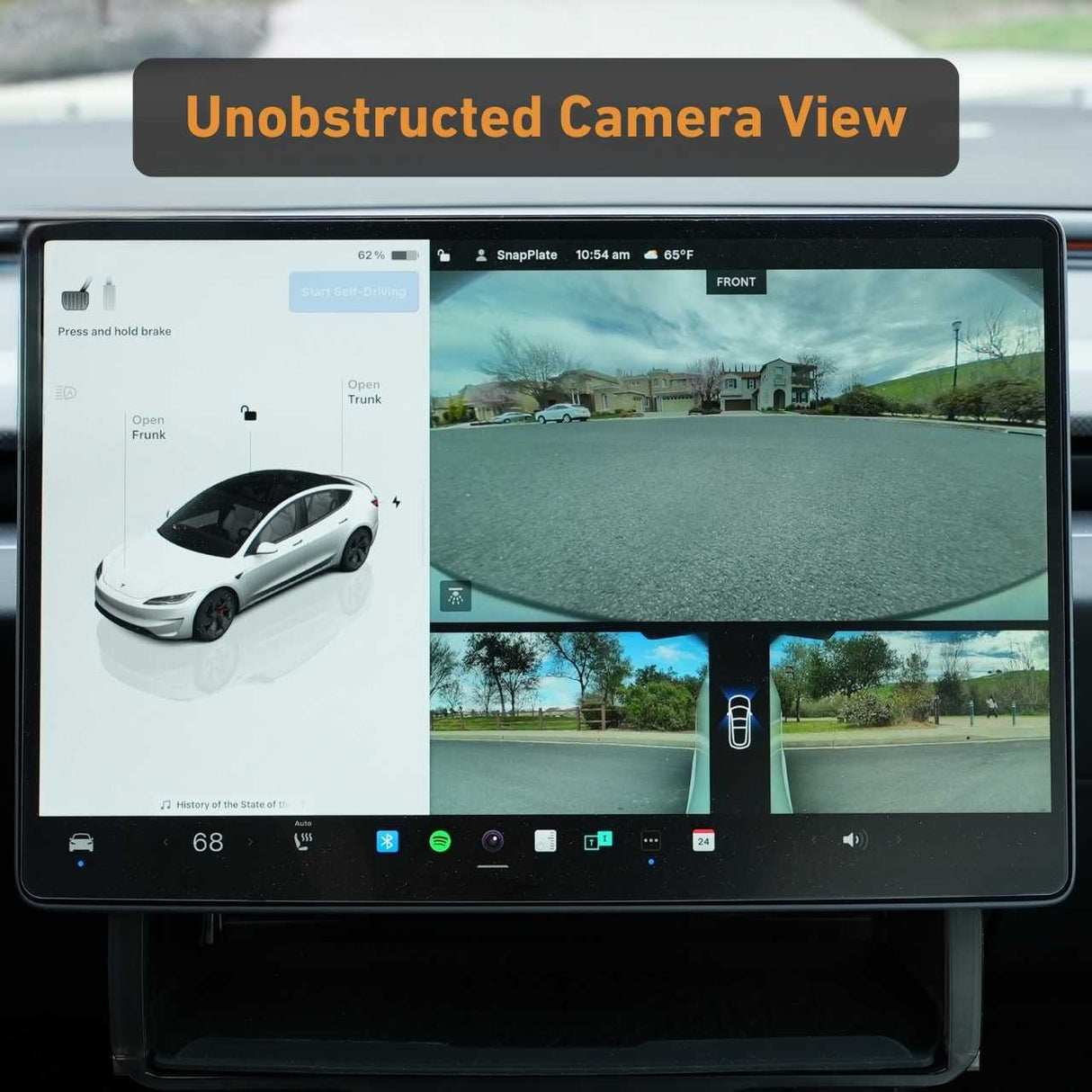 Dashboard display shows a car's 360° camera view with clear surroundings and parking lines, labeled "Unobstructed Camera View"—ideal for Tesla Model 3 drivers using the EveryAmp SnapPlate Front License Plate Holder.