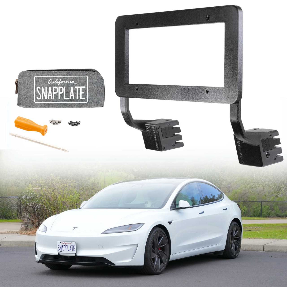 An EveryAmp Tesla Model 3 SnapPlate Front License Plate Holder, crafted from durable 3D printed PETG and including tools with a pouch, is shown above a white Tesla parked on the street.