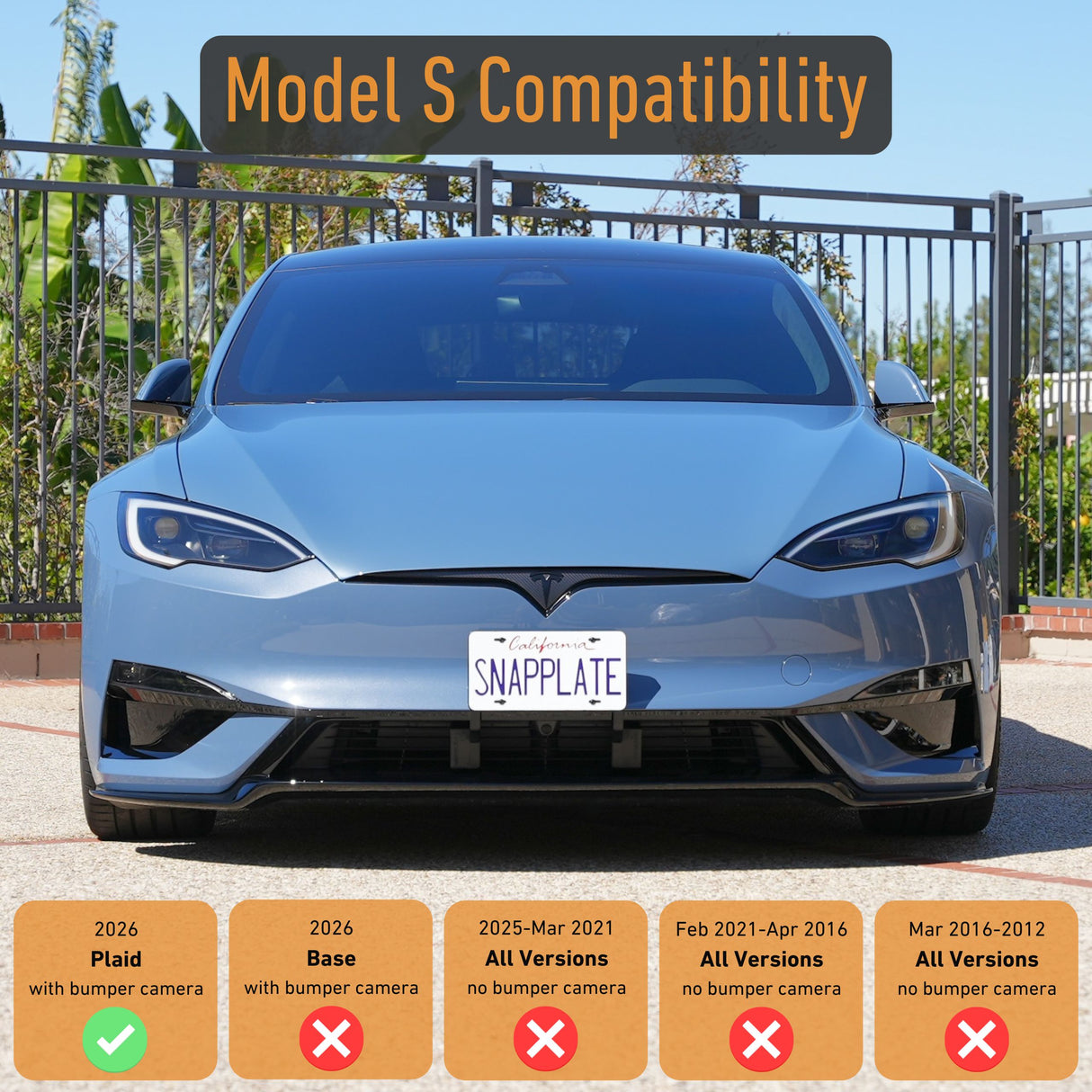 Front view of a Tesla Model S equipped with the EveryAmp Tesla Model S SnapPlate Front License Plate Holder; a compatibility chart below details supported years and camera options for both Plaid and Base models.