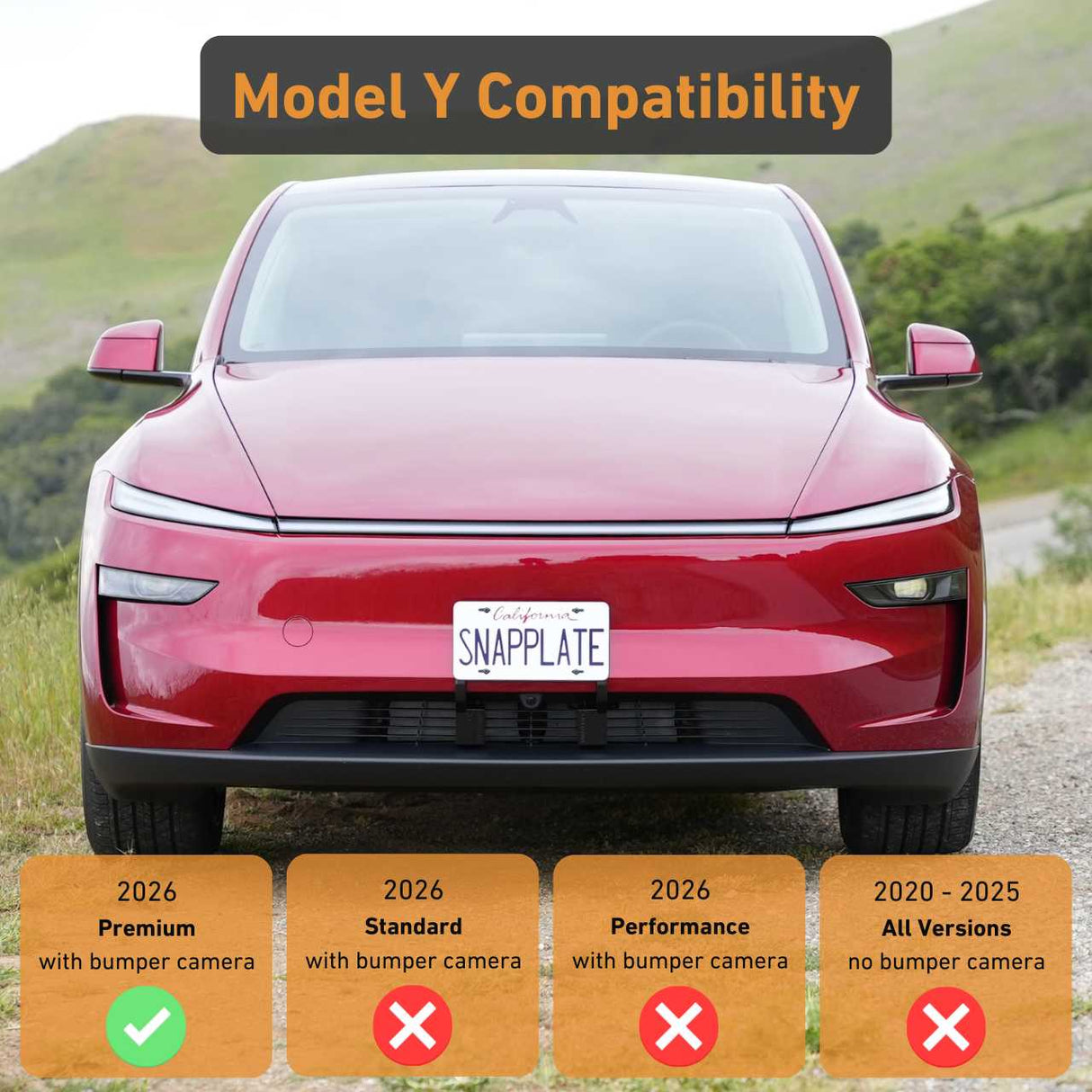 Front view of a red Tesla Model Y with the EveryAmp SnapPlate Front License Plate Holder. This 2026 accessory fits models with a bumper camera; 2020–2025 without the camera are not supported.