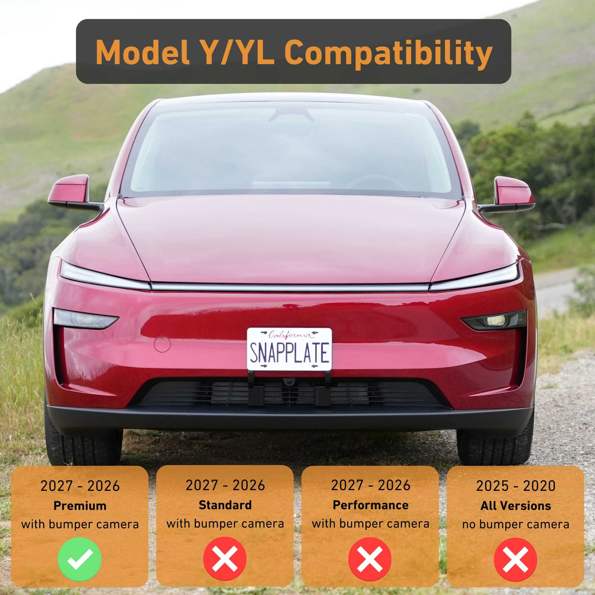 Front view of a red Tesla Model Y with the EveryAmp SnapPlate Front License Plate Holder. This 2027-2026 accessory fits models with a bumper camera; 2025-2020 without the camera are not supported.