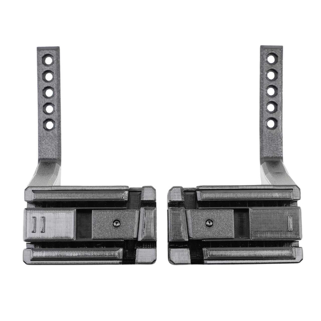 EveryAmp SnapPlate+ Base for Tesla Model Y Performance (2026+) shown side by side; two adjustable metal brackets with multiple holes and rectangular clamps on a white background.