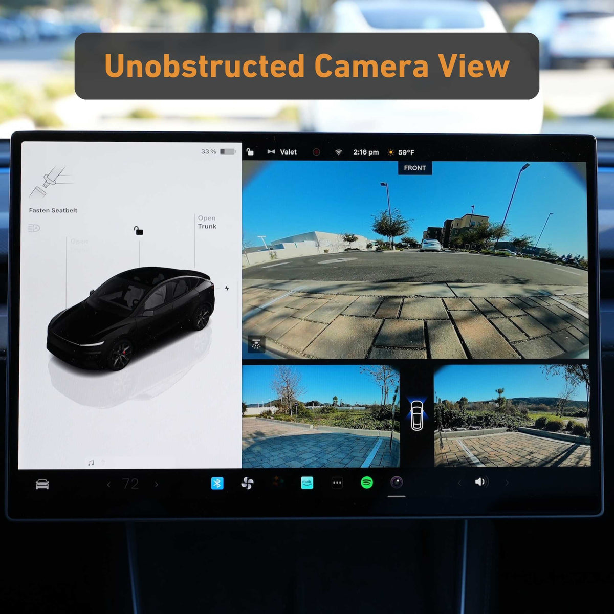 EveryAmp Tesla Model Y SnapPlate Front License Plate Holder pairs perfectly with your car’s dashboard display—see a 3D vehicle model and four clear camera views to monitor surroundings, especially when secured with anti-theft screws.