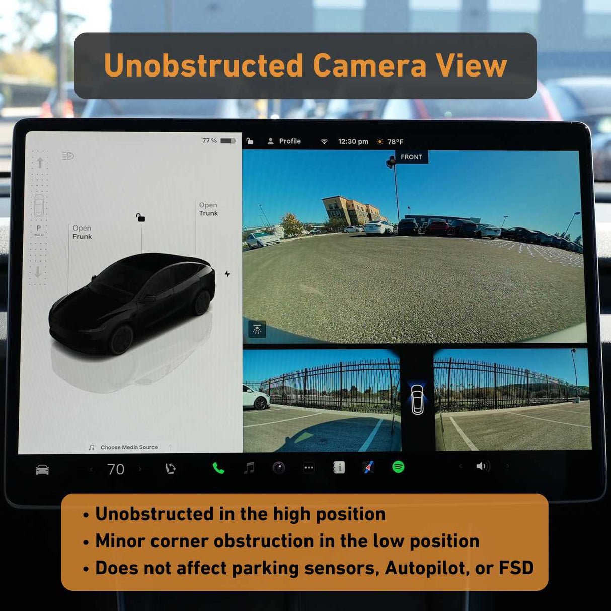 The car’s dashboard shows multiple camera views, noting an unobstructed view with only a slight corner obstruction from the EveryAmp Tesla Model Y SnapPlate Front License Plate Holder, which does not affect vehicle features.