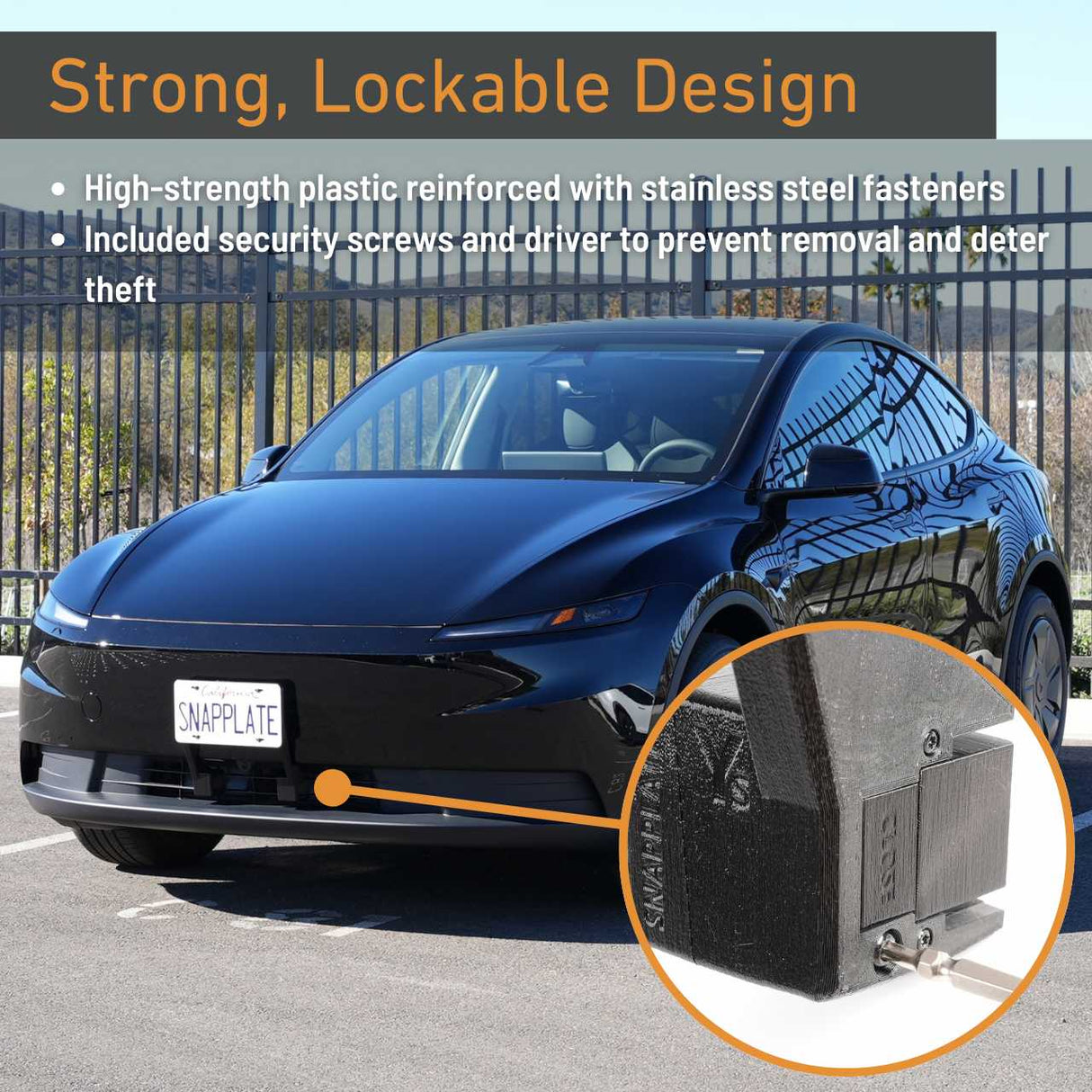 The EveryAmp Tesla Model Y SnapPlate Front License Plate Holder is shown in black, featuring a lockable design with reinforced plastic, security screws, and a driver—ideal for secure front plate mounting and theft prevention.