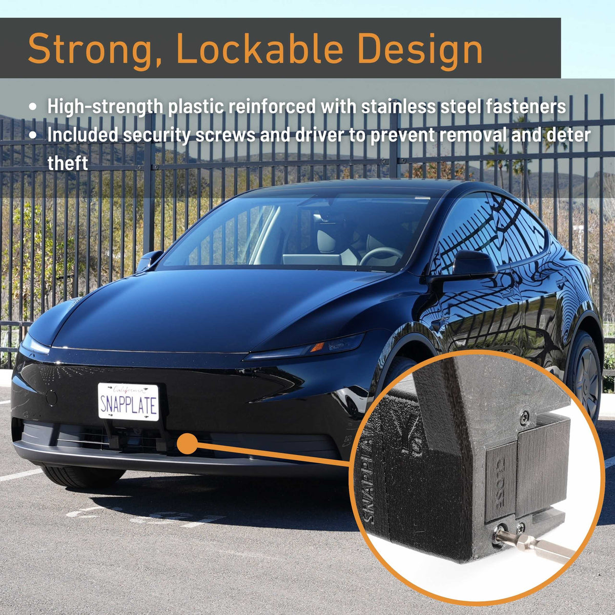 The EveryAmp Tesla Model Y SnapPlate Front License Plate Holder is shown in black, featuring a lockable design with reinforced plastic, security screws, and a driver—ideal for secure front plate mounting and theft prevention.