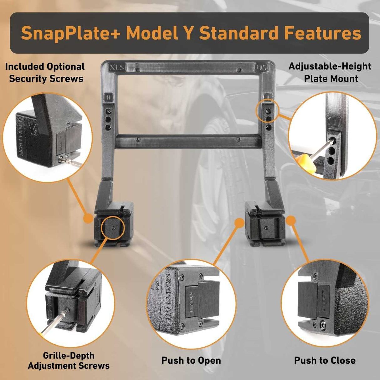 Labeled diagram of the EveryAmp Tesla Model Y SnapPlate Front License Plate Holder, showing optional security screws, adjustable-height mount, grille-depth adjustment, and push-to-open/close features.
