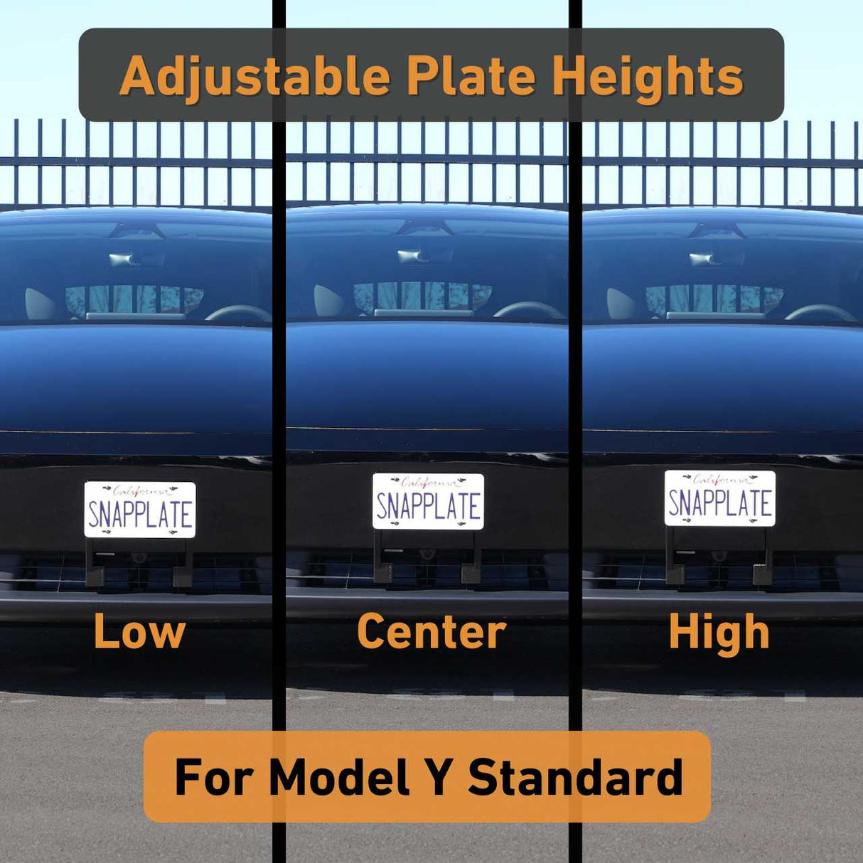 The EveryAmp Tesla Model Y SnapPlate Front License Plate Holder displays adjustable mounting at low, center, and high positions for flexible front plate placement.