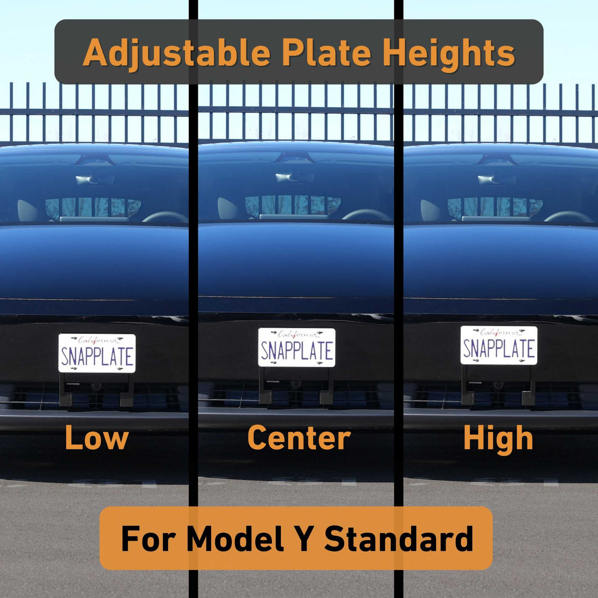 The EveryAmp Tesla Model Y SnapPlate Front License Plate Holder displays adjustable mounting at low, center, and high positions for flexible front plate placement.