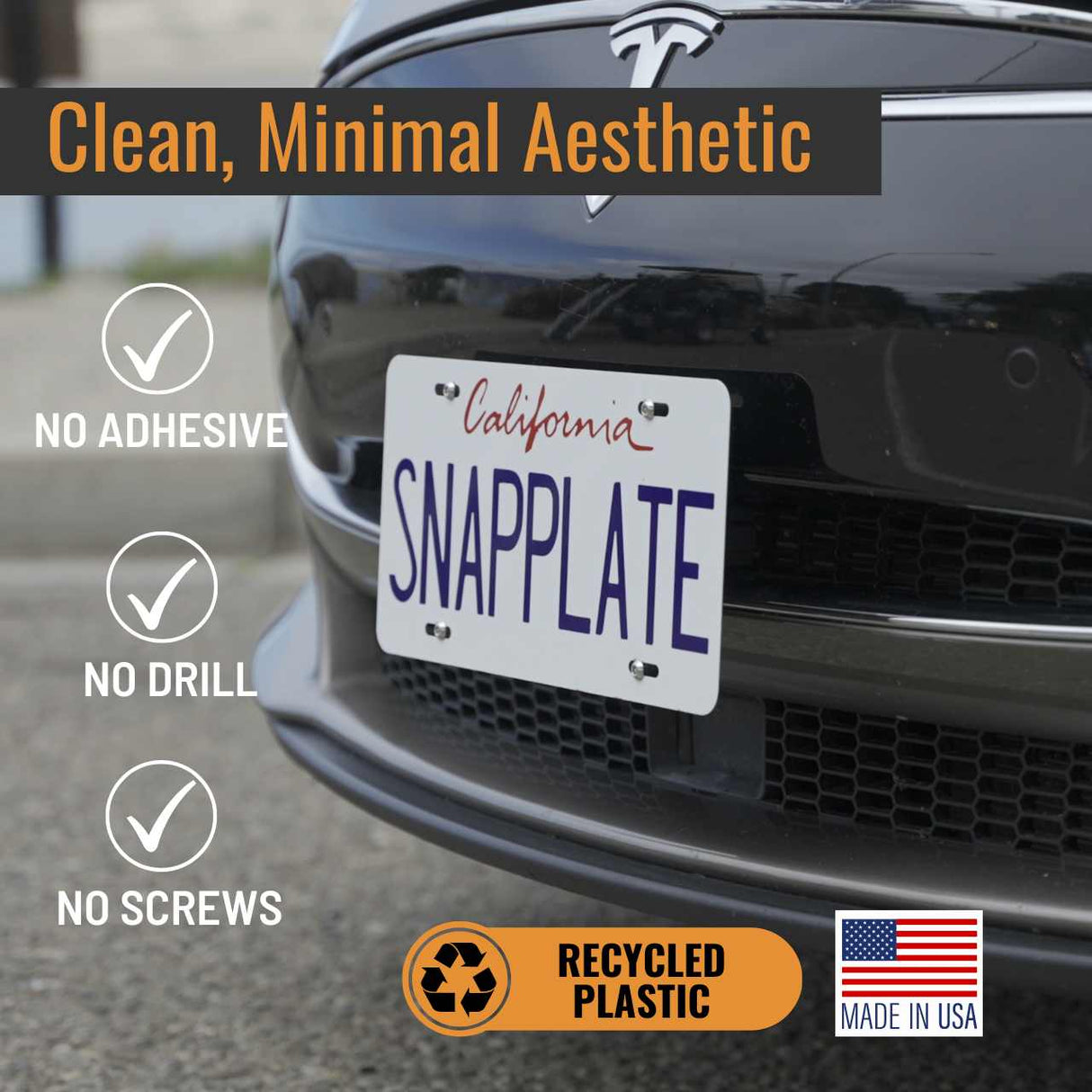 SnapPlate front license plate holders for the 2012 to 2016 Tesla Model S have a clean, minimal aesthetic