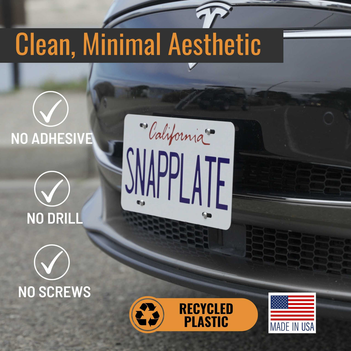 SnapPlate front license plate holders for the 2016 to 2012 Tesla Model S have a clean, minimal aesthetic