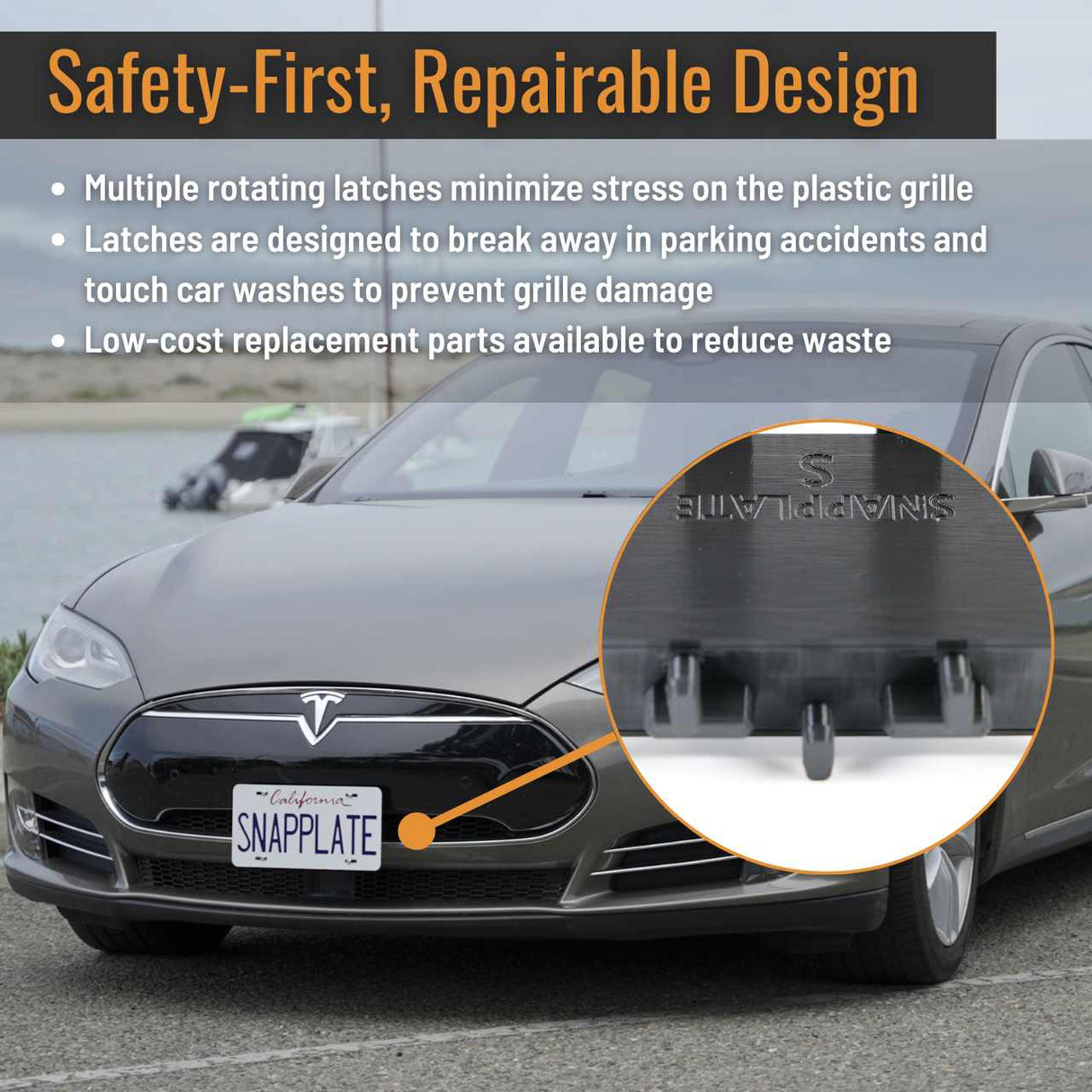 SnapPlate front license plate holders for the 2012 to 2016 Tesla Model S have a safety optimized, repairable design