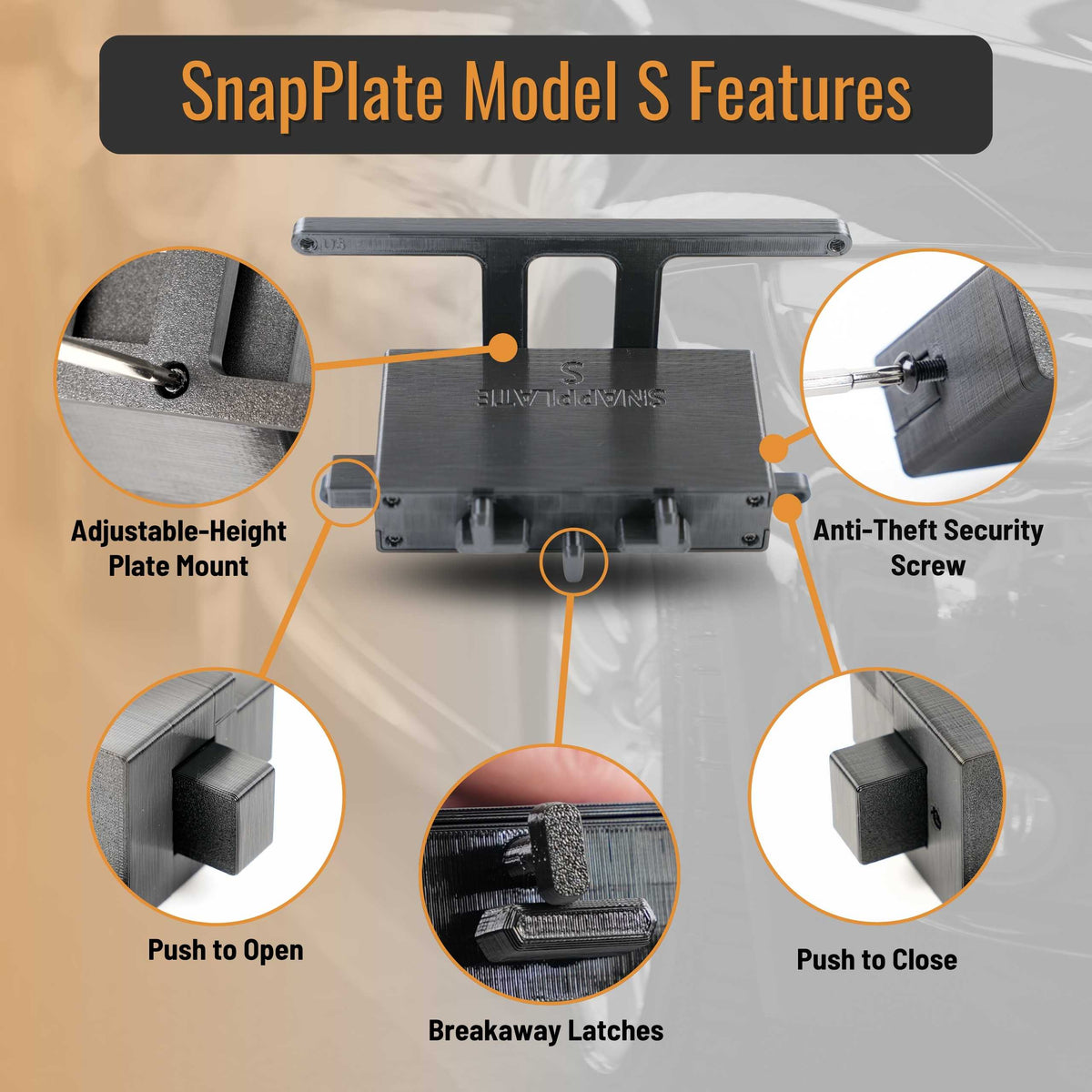 SnapPlate front license plate mounts for the 2016 to 2012 Tesla Model S feature a simple pushbutton design with adjustable plate height, breakaway latches, and an optional security screw