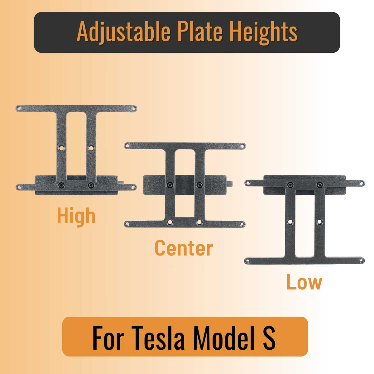 SnapPlate front license plate holders for the 2016 to 2012 Tesla Model S features adjustable plate height with high, center, and low positions