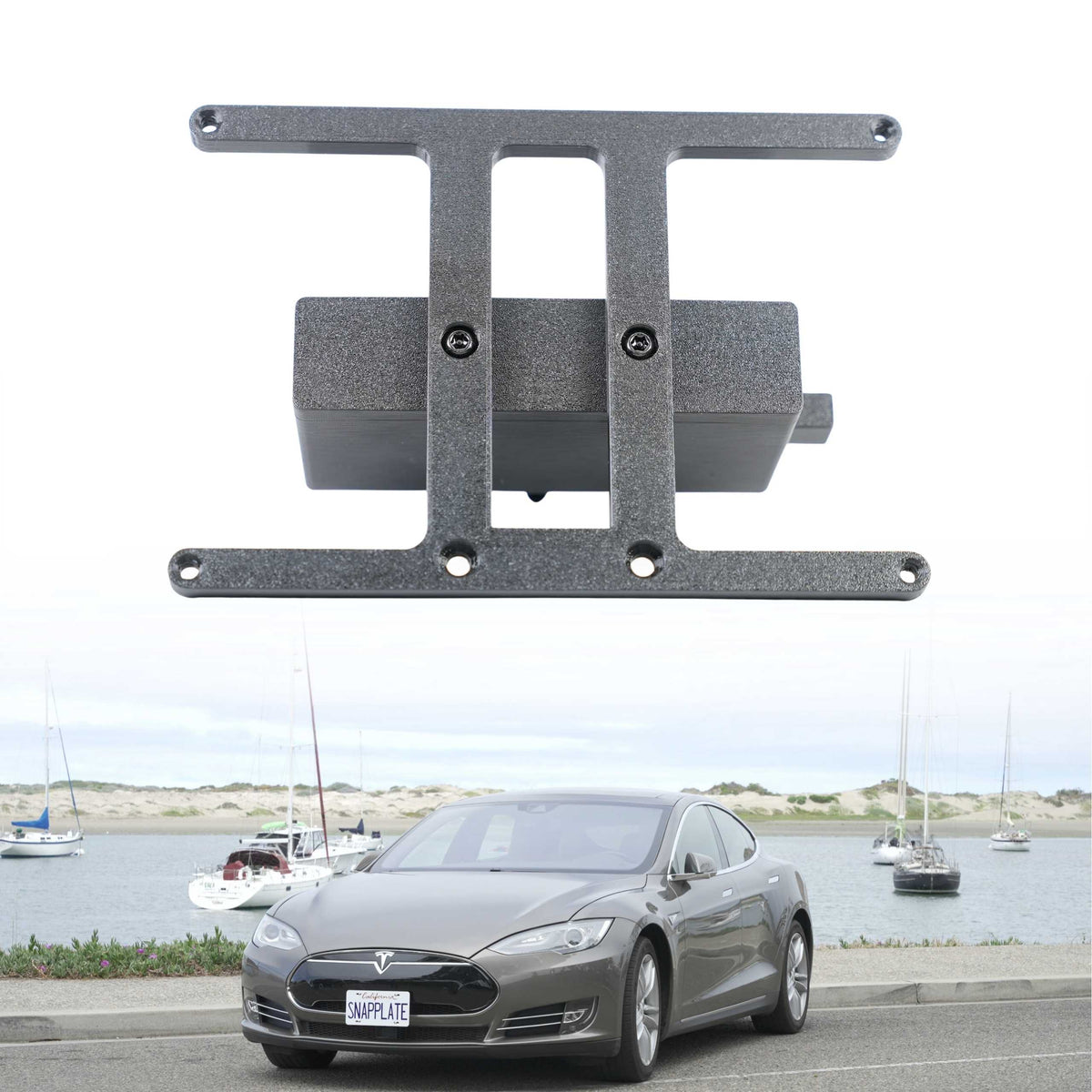 SnapPlate front license plate mount kits for the 2016 to 2012 Tesla Model S include a hardware kit with four black and four silver T25 torx security screws and a T25 screwdriver