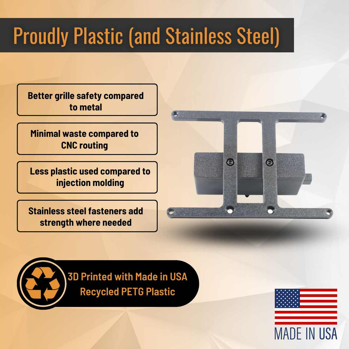 SnapPlate for the 2012 to 2016 Tesla Model S is made from 3D printed recycled plastic with stainless steel fasteners because it's safer, stronger, and less wasteful than other methods