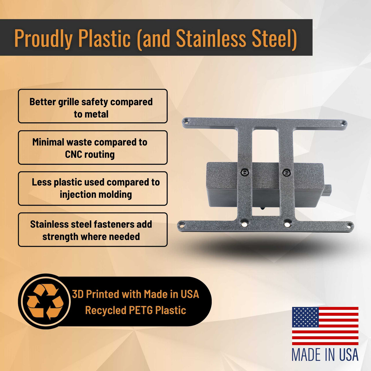 SnapPlate for the 2016 to 2012 Tesla Model S is made from 3D printed recycled plastic with stainless steel fasteners because it's safer, stronger, and less wasteful than other methods
