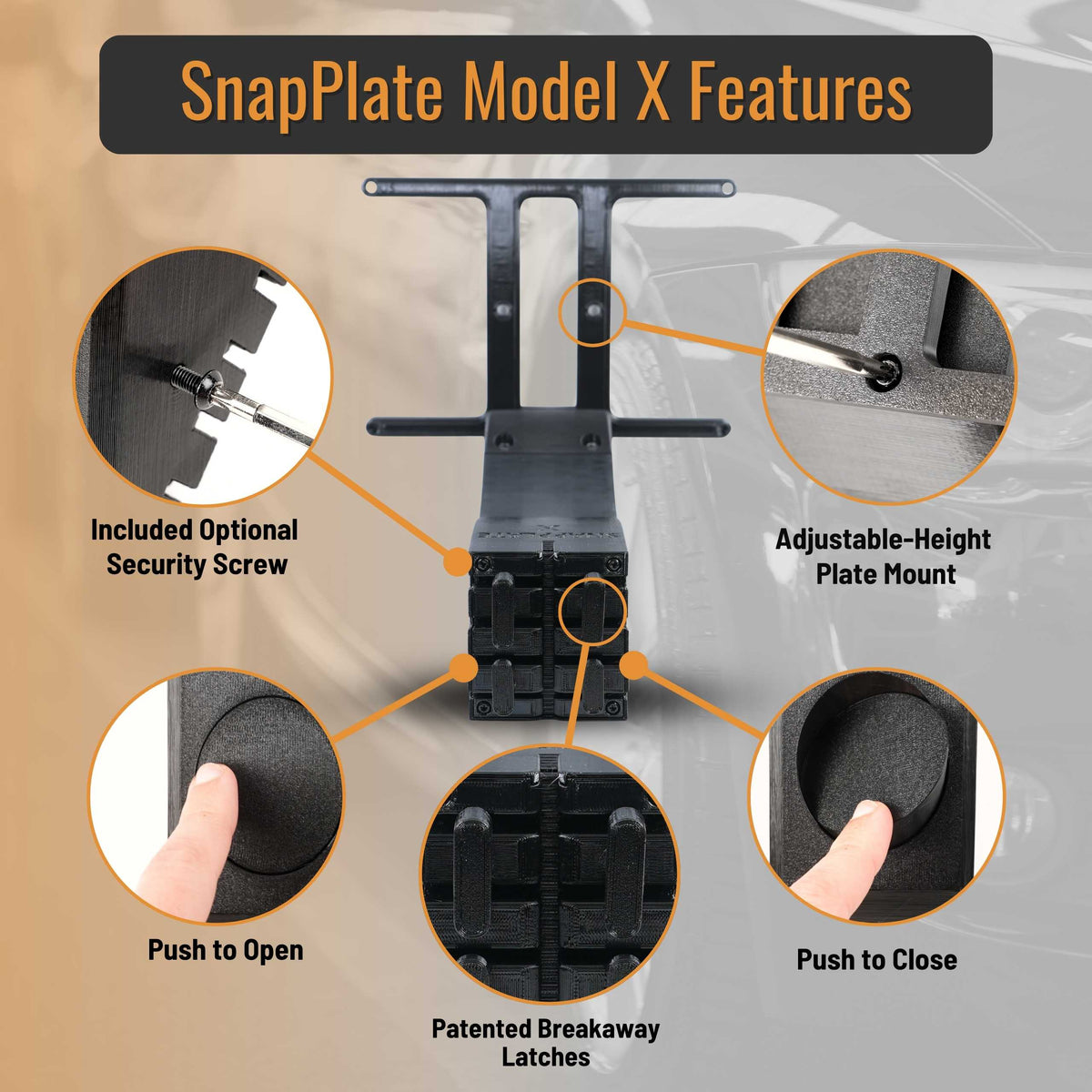 SnapPlate front license plate mounts for the 2021 to 2015 Tesla Model X feature a simple pushbutton design with adjustable plate height, breakaway features, and an optional security screw