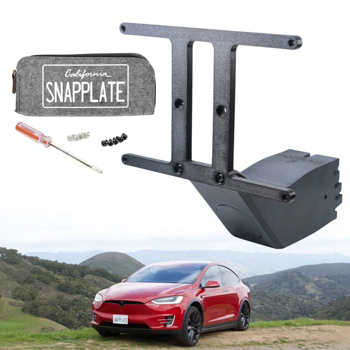 SnapPlate front license plate mount kits for the 2021 to 2015 Tesla Model X include a hardware kit with four black and four silver T25 torx security screws and a combo T25 screwdriver