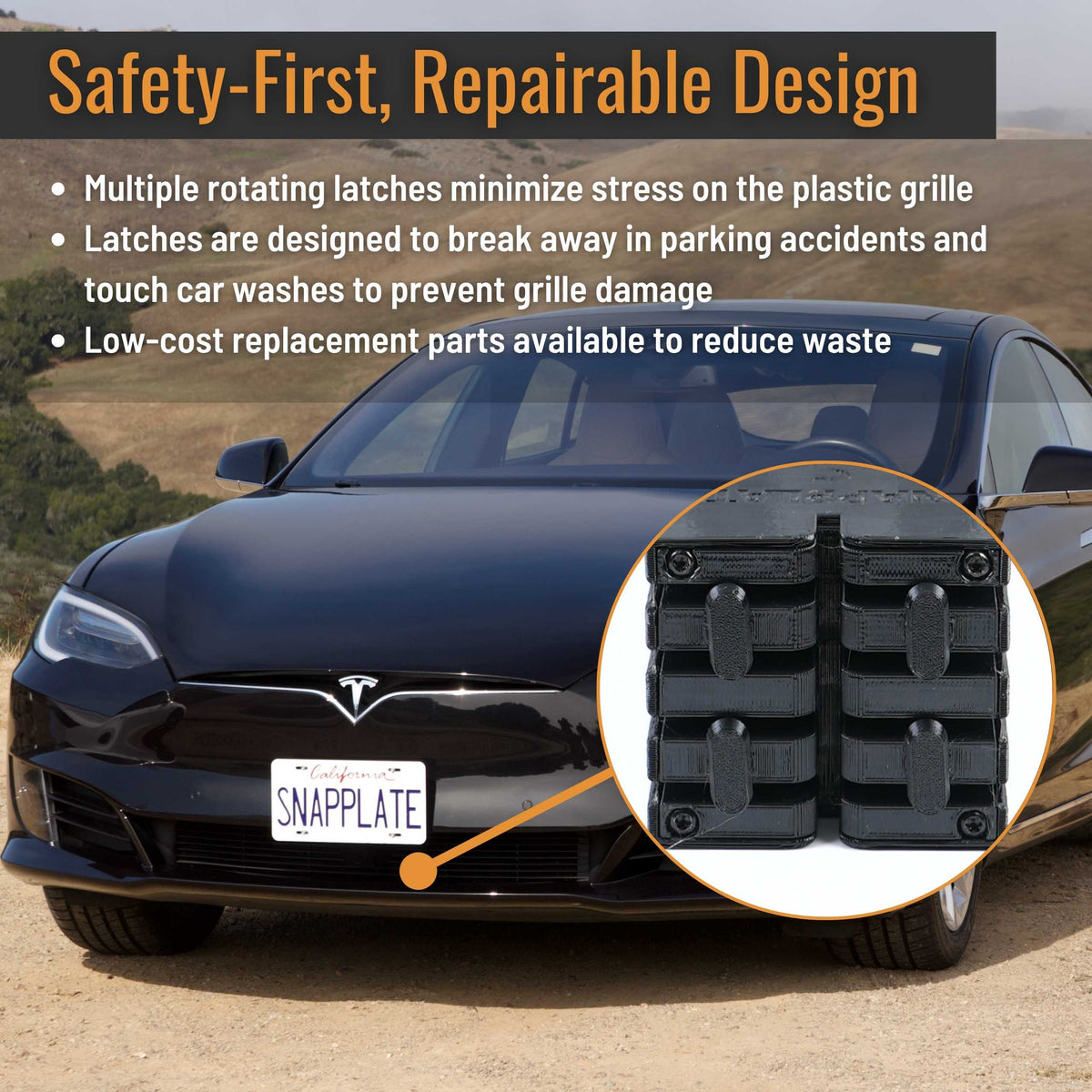 SnapPlate front license plate holders for the 2020 to 2016 Tesla Model S have a safety optimized, repairable design