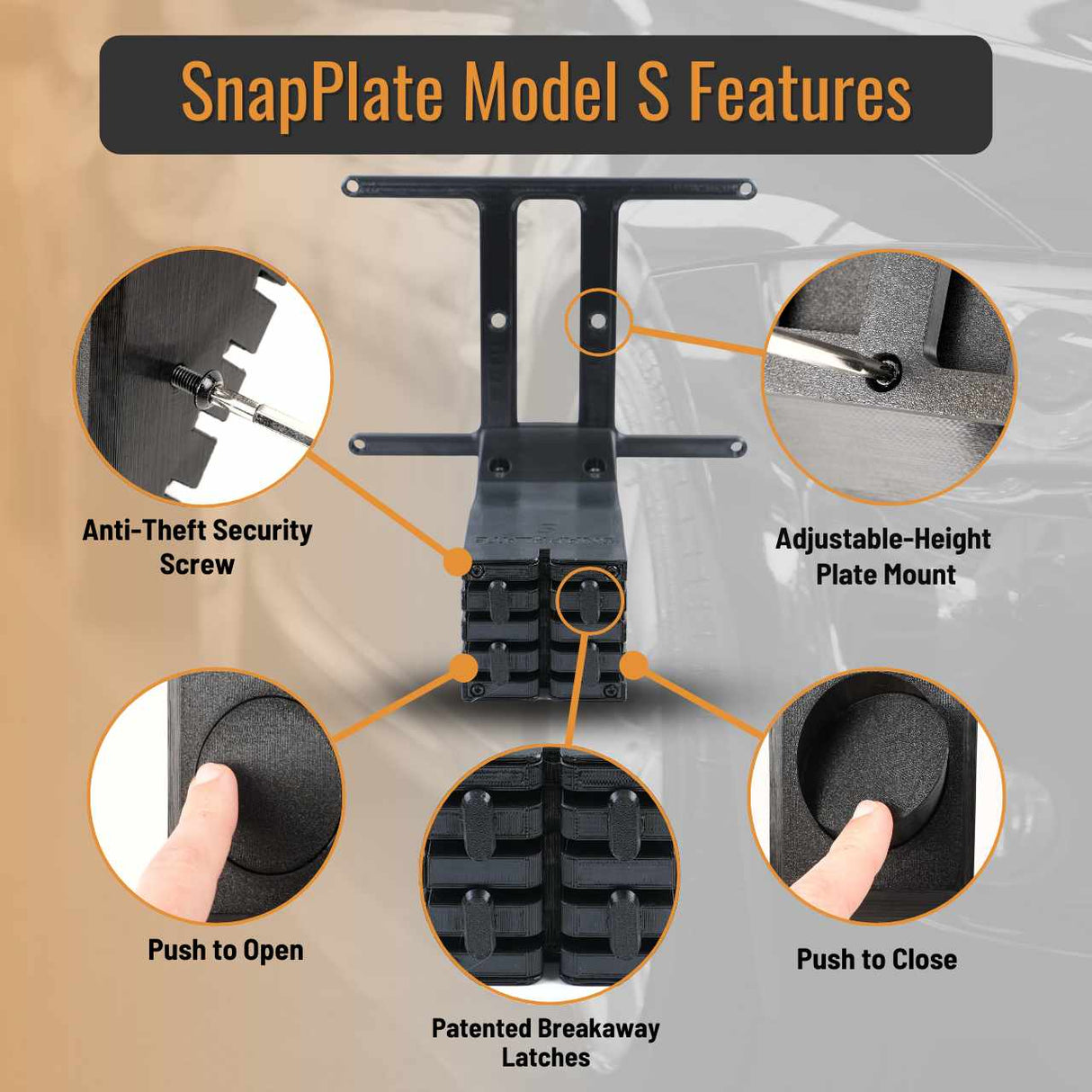 SnapPlate front license plate mounts for the 2016 to 2020 Tesla Model S feature a simple pushbutton design with adjustable plate height, breakaway features, and an optional security screw