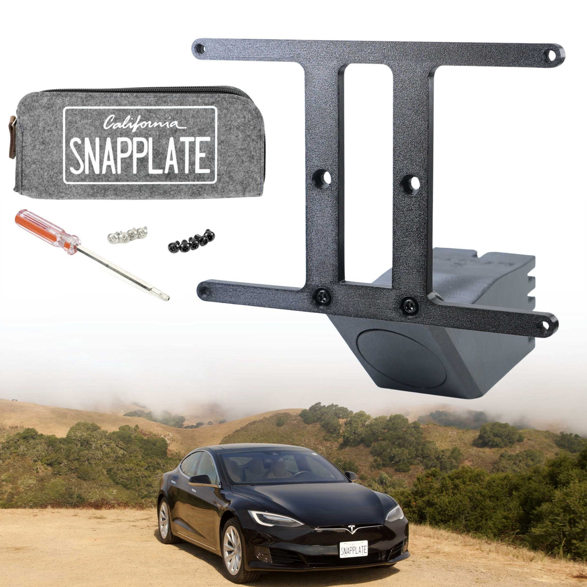 SnapPlate front license plate mount kits for the 2020 to 2016 Tesla Model S include a hardware kit with four black and four silver T25 torx security screws and a combo T25 screwdriver