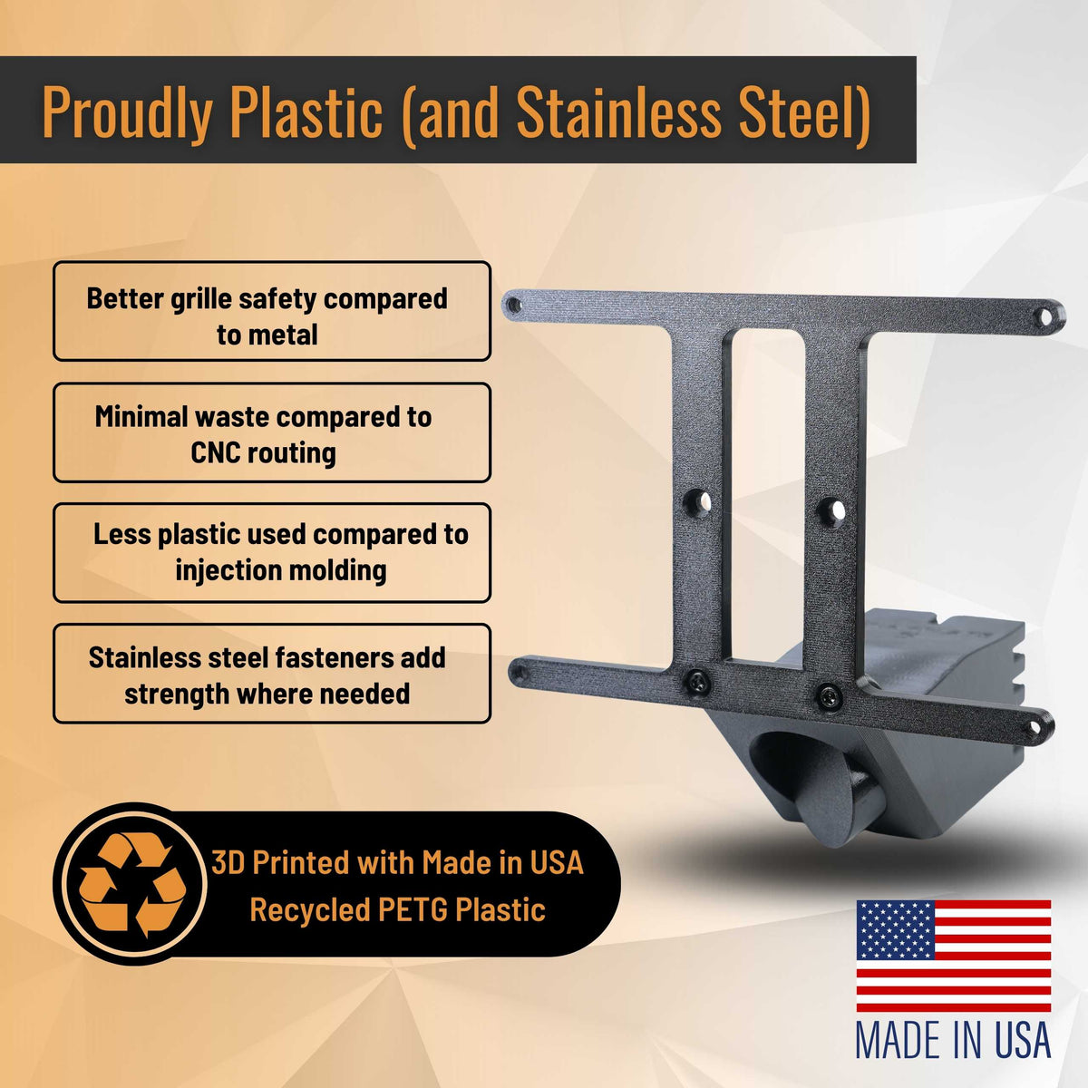 SnapPlate for the 2020 to 2016 Tesla Model S is made from 3D printed recycled plastic with stainless steel fasteners because it's safer, stronger, and less wasteful than other methods