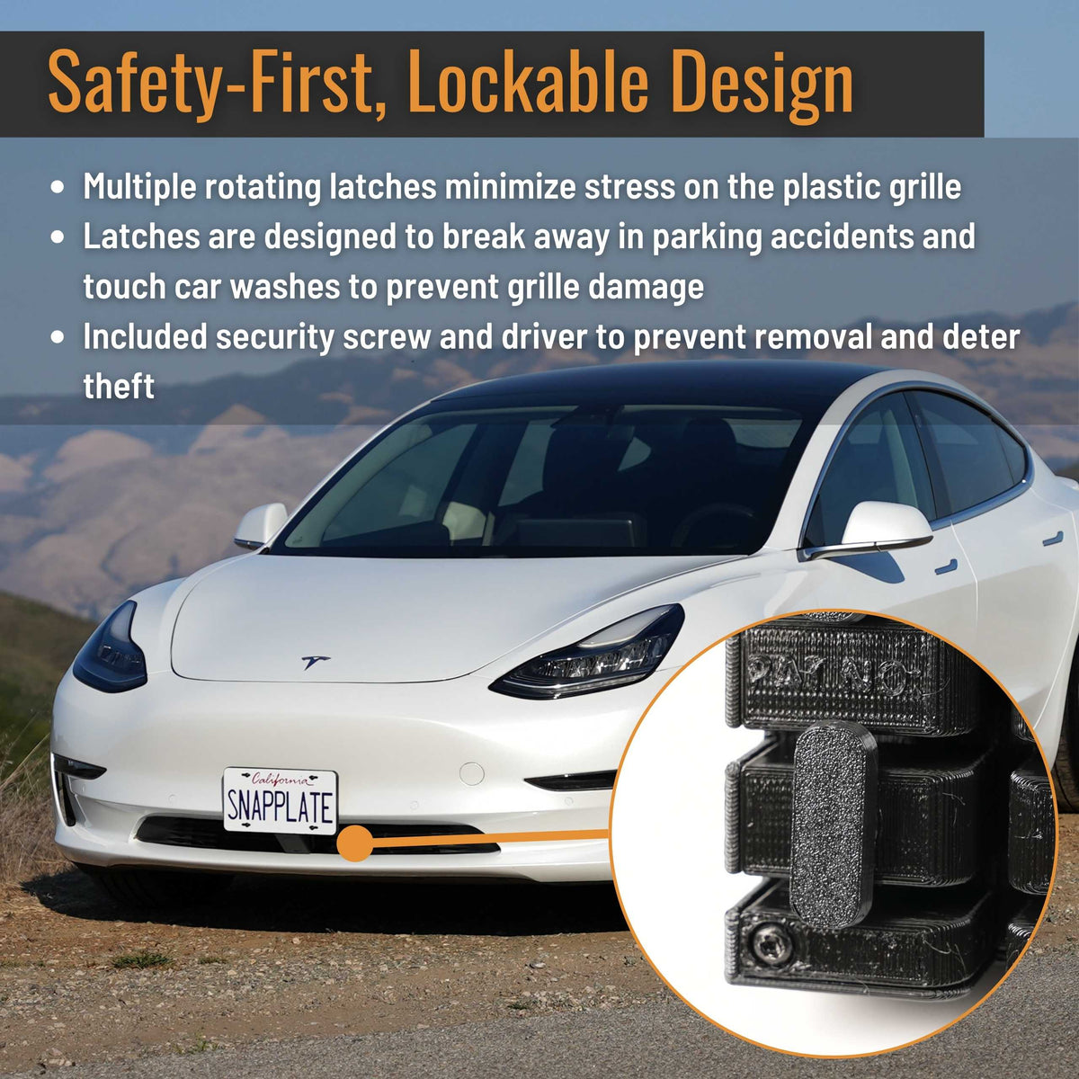 SnapPlate front license plate holders for the 2023 to 2017 Tesla Model 3 have a safety optimized, repairable design