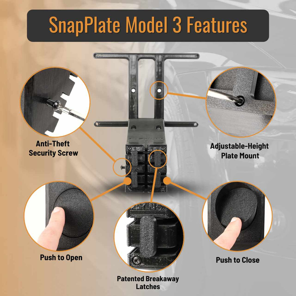 SnapPlate front license plate mounts for the 2017 to 2023 Tesla Model 3 feature a simple pushbutton design with adjustable plate height, breakaway features, and an optional security screw