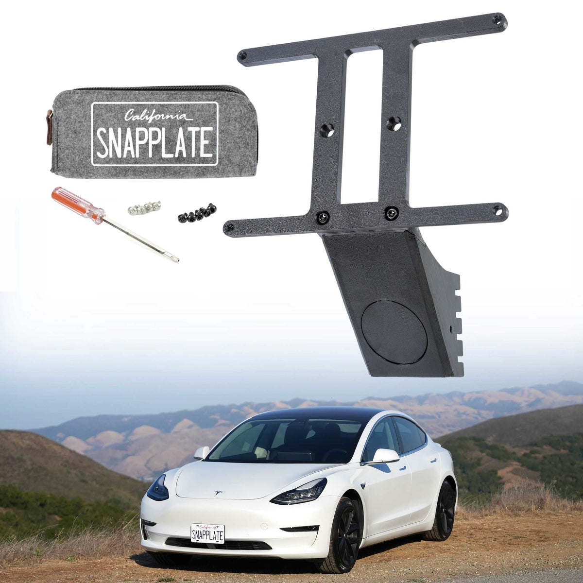 SnapPlate front license plate mount kits for the 2023 to 2017 Tesla Model 3 include a hardware kit with four black and four silver T25 torx security screws and a T25 screwdriver