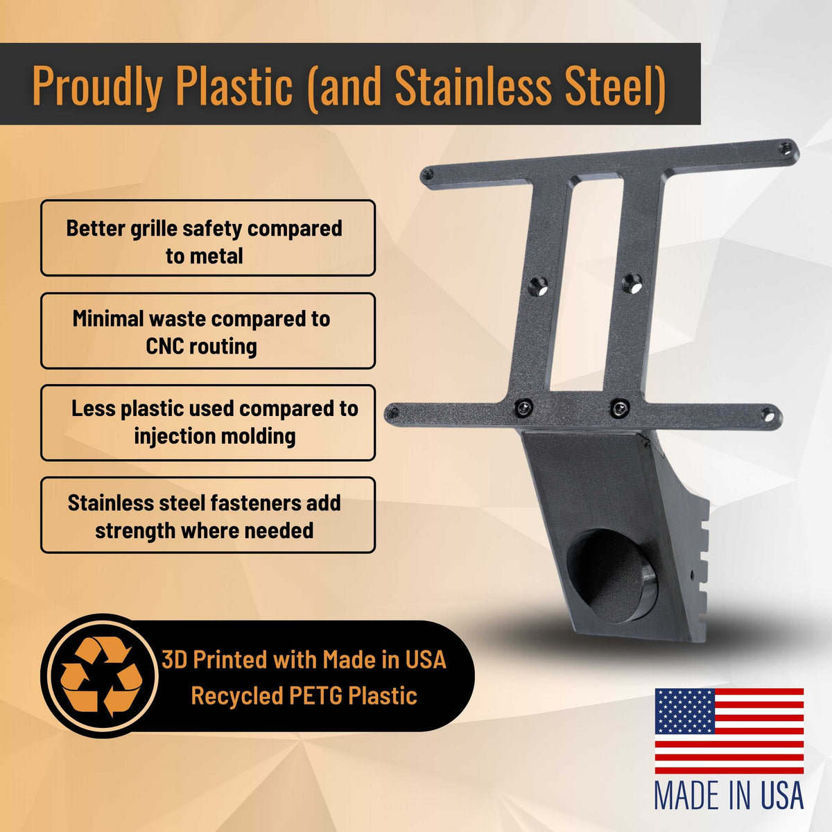 SnapPlate for the 2023 to 2017 Tesla Model 3 is made from 3D printed recycled plastic with stainless steel fasteners because it is safer, stronger, and less wasteful than other methods