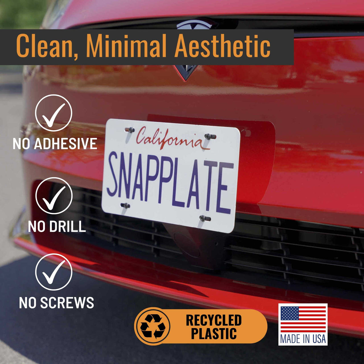 SnapPlate plus front license plate holders for the 2025-Mar 2021 Tesla Model S have a clean, minimal aesthetic