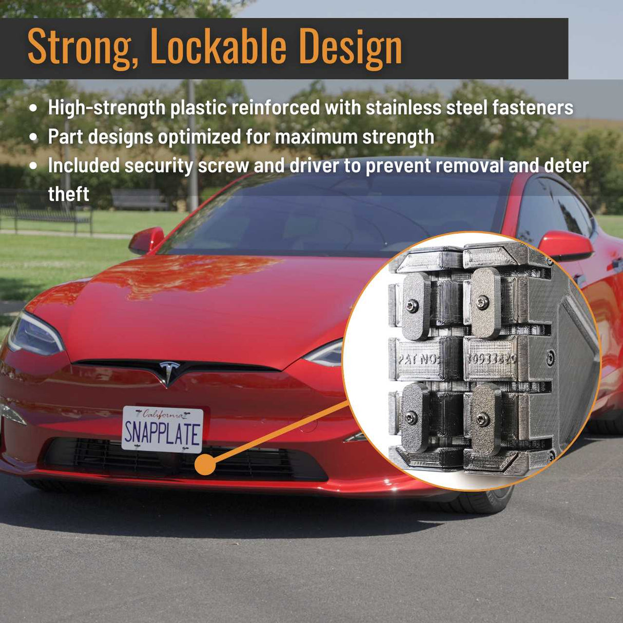 SnapPlate plus front license plate holders for the 2021 and up Tesla Model S have a strength optimized design with stainless steel reinforcement