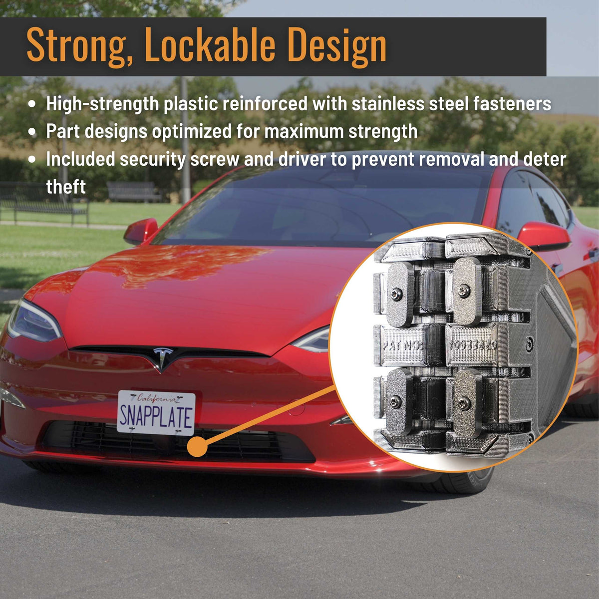 SnapPlate plus front license plate holders for the 2025-Mar 2021 Tesla Model S have a strength optimized design with stainless steel reinforcement