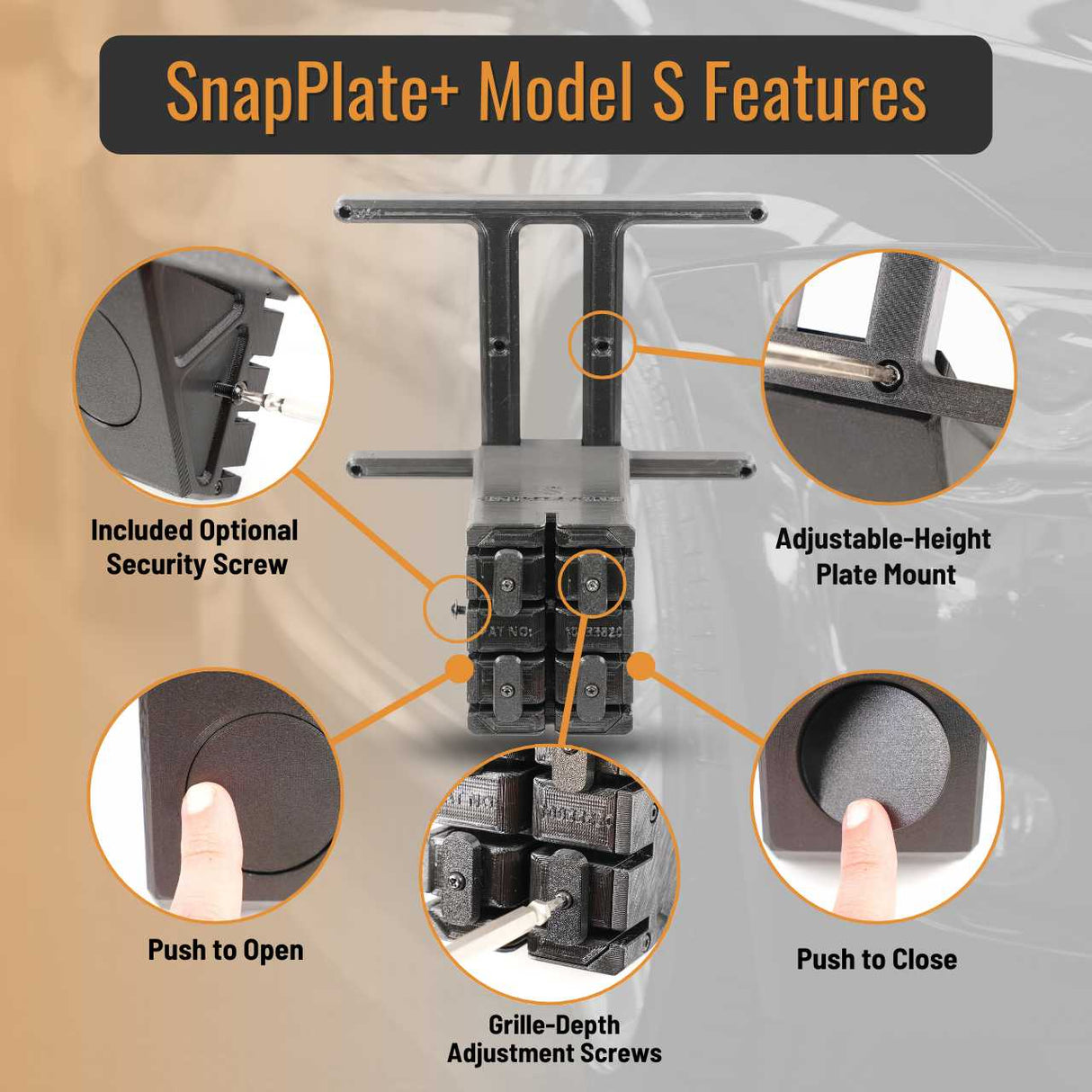 SnapPlate plus  front license plate mounts for the 2021 and up Tesla Model S feature a simple pushbutton design with adjustable plate height and grille fit and an optional security screw