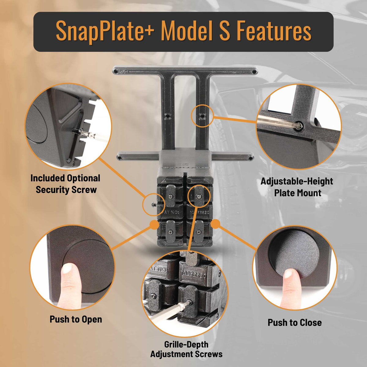 SnapPlate plus front license plate mounts for the 2025-Mar 2021 Tesla Model S feature a simple pushbutton design with adjustable plate height and grille fit and an optional security screw