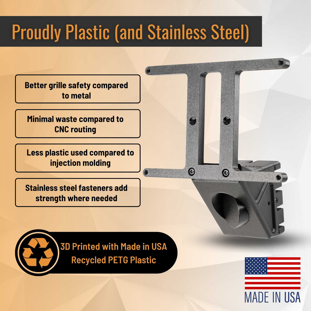 SnapPlate plus for the 2025-Mar 2021 Tesla Model S is made from 3D printed recycled plastic with stainless steel fasteners because it's safer, stronger, and less wasteful than other methods