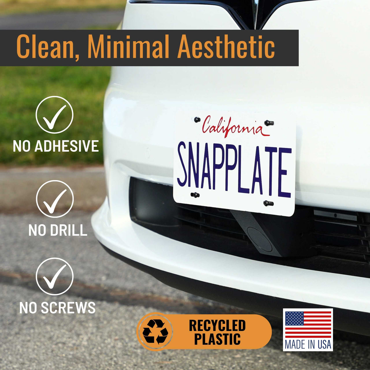 SnapPlate front license plate holders for the 2025-Oct 2021 Tesla Model X have a clean, minimal aesthetic