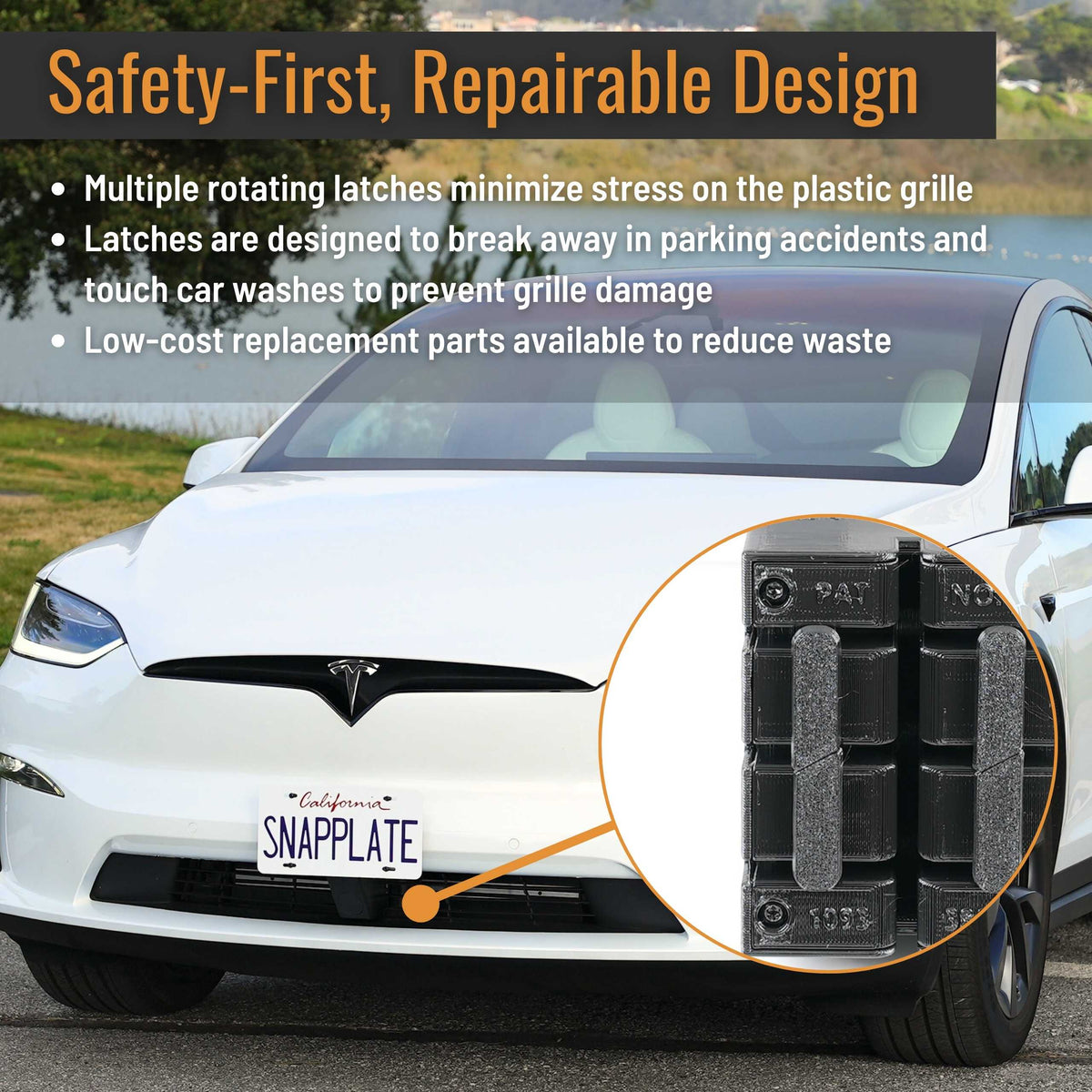 SnapPlate front license plate holders for the 2025-Oct 2021 Tesla Model X have a safety optimized, repairable design