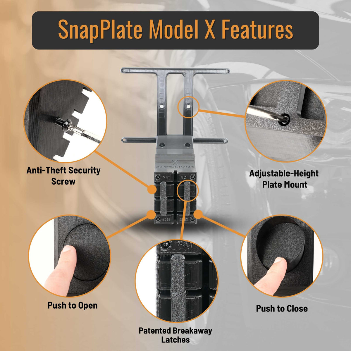SnapPlate front license plate mounts for the 2025-Oct 2021 Tesla Model X feature a simple pushbutton design with adjustable plate height, breakaway features, and an optional security screw