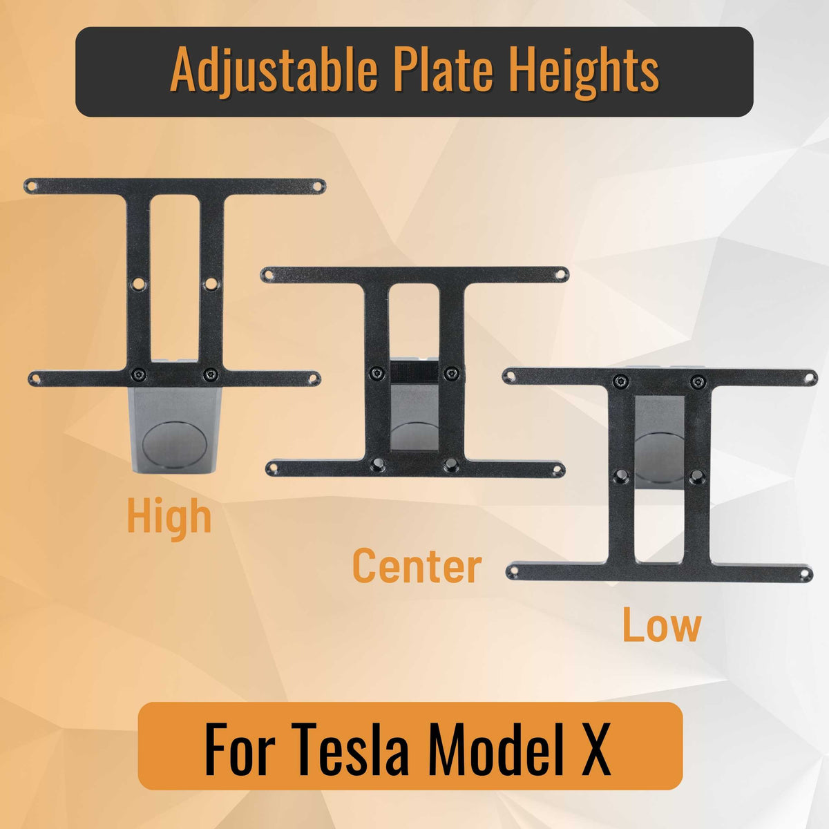 SnapPlate front license plate holders for the 2025-Oct 2021 Tesla Model X features adjustable plate height with high, center, and low positions