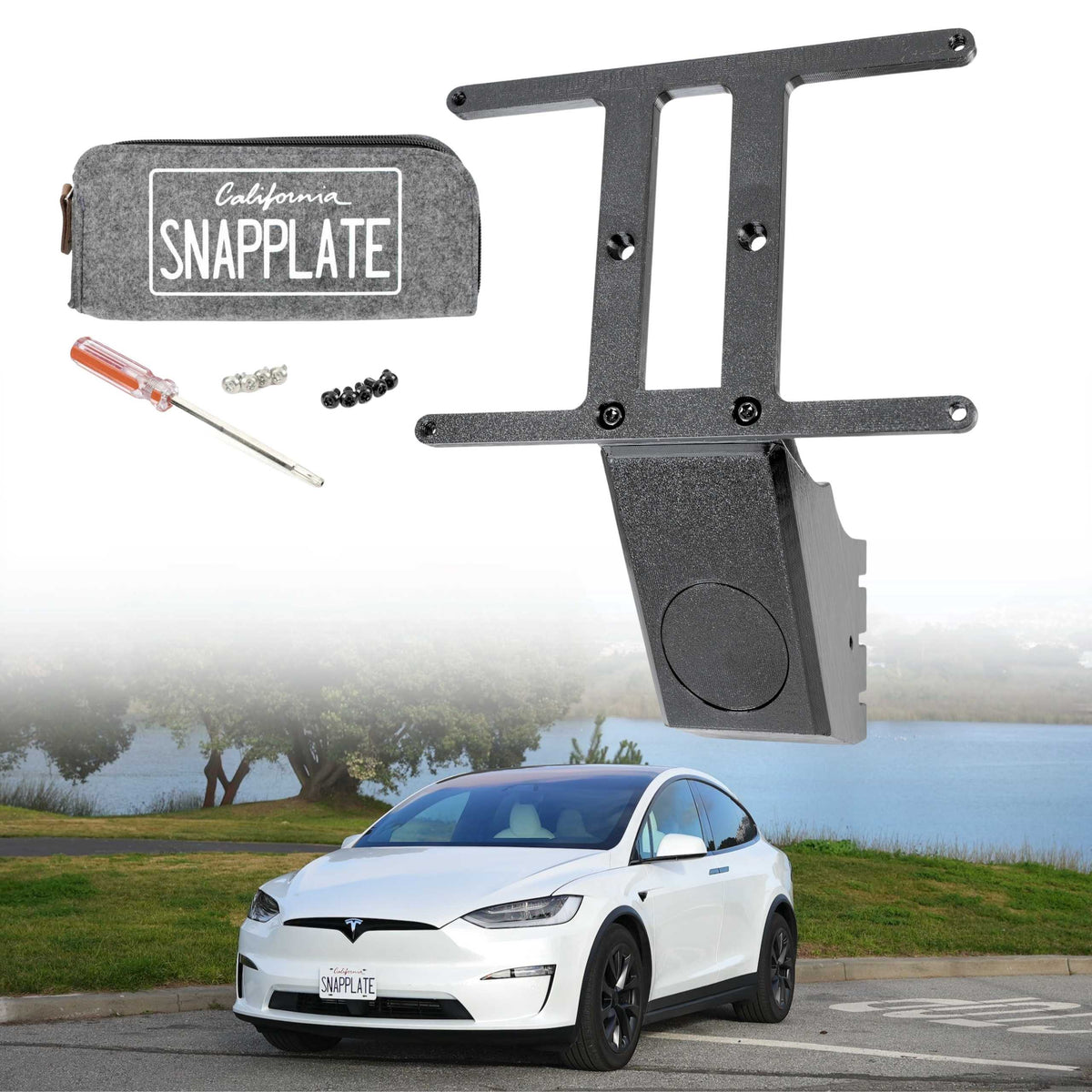 SnapPlate front license plate mount kits for the 2025-Oct 2021 Tesla Model X include a hardware kit with four black and four silver T25 torx security screws and a T25 screwdriver