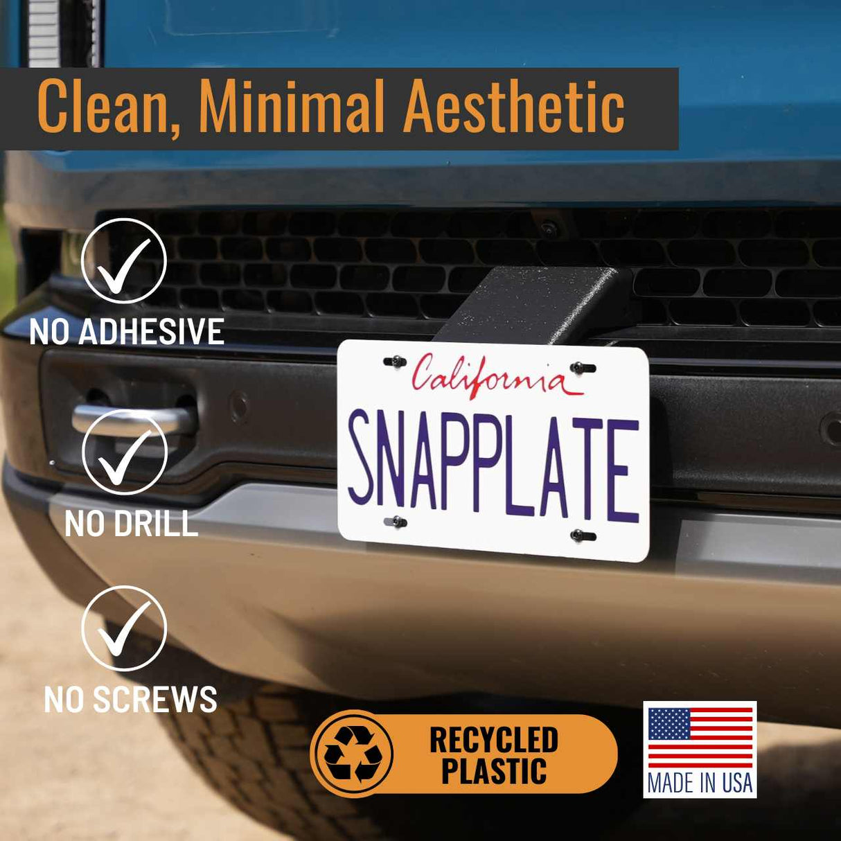 Close-up of the EveryAmp SnapPlate Front License Plate Mount for Rivian R1T & R1S—no adhesive, no drilling, no screws. Made from recycled plastic in the USA.