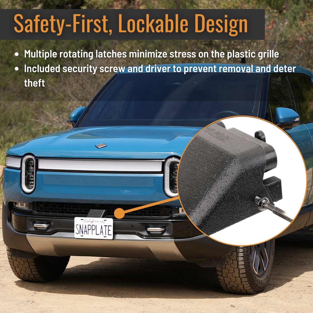 EveryAmp SnapPlate Front License Plate Mount for Rivian R1T & R1S shown on a blue pickup with SNAPPLATE plate. Inset displays installation of a security screw, highlighting safety and lockable features of the mount.
