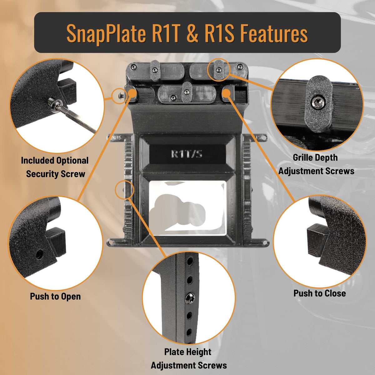 EveryAmp’s SnapPlate Front License Plate Mount for Rivian R1T & R1S features a security screw, push-to-open/close design, and adjustable grille depth and plate height screws.